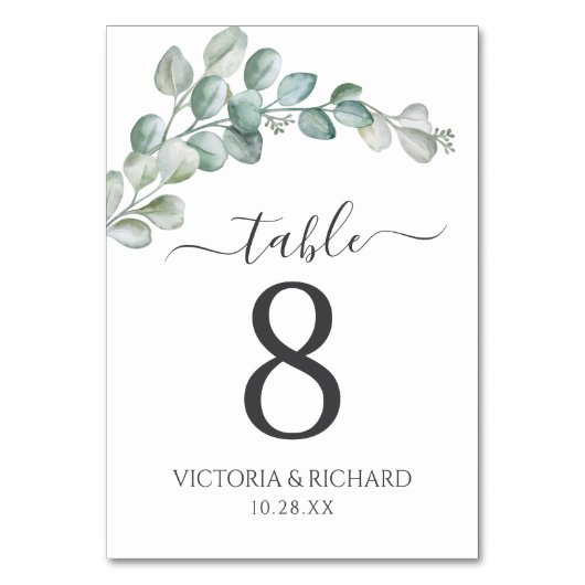 Rustic Watercolor Eucalyptus Greenery Wedding テーブルナンバー (正面)