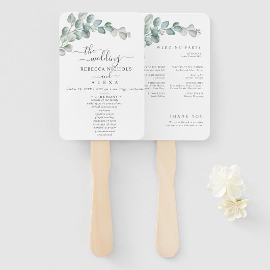 Rustic Watercolor Eucalyptus Greenery Wedding ハンドファン (正面&裏面)
