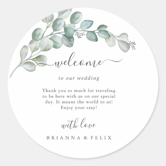Rustic Watercolor Eucalyptus Greenery Wedding ラウンドシール (正面)