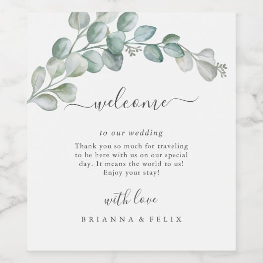 Rustic Watercolor Eucalyptus Greenery Wedding ワインラベル (シングルラベル)