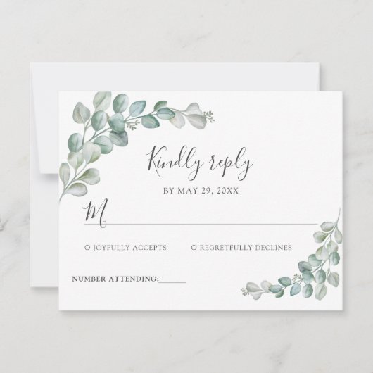 Rustic Watercolor Eucalyptus Greenery Wedding 出欠カード (正面)