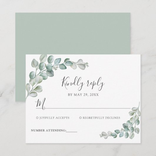 Rustic Watercolor Eucalyptus Greenery Wedding 出欠カード (正面/裏面)
