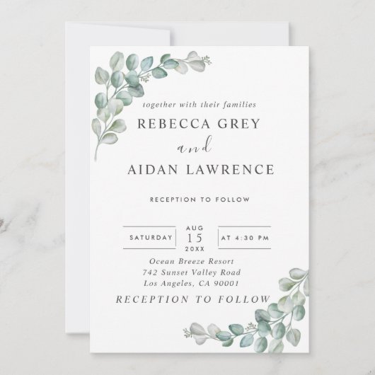 Rustic Watercolor Eucalyptus Greenery Wedding 招待状 (正面)