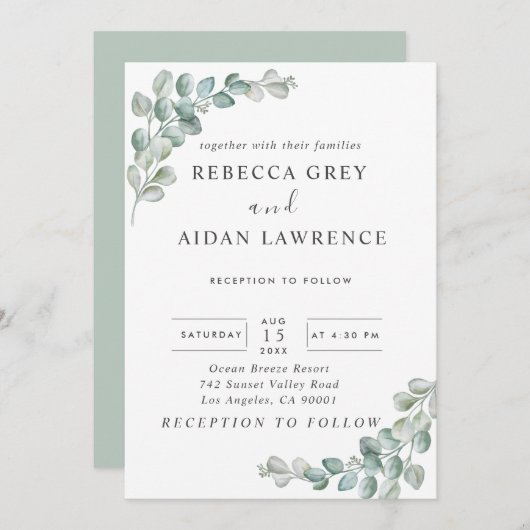 Rustic Watercolor Eucalyptus Greenery Wedding 招待状 (正面/裏面)