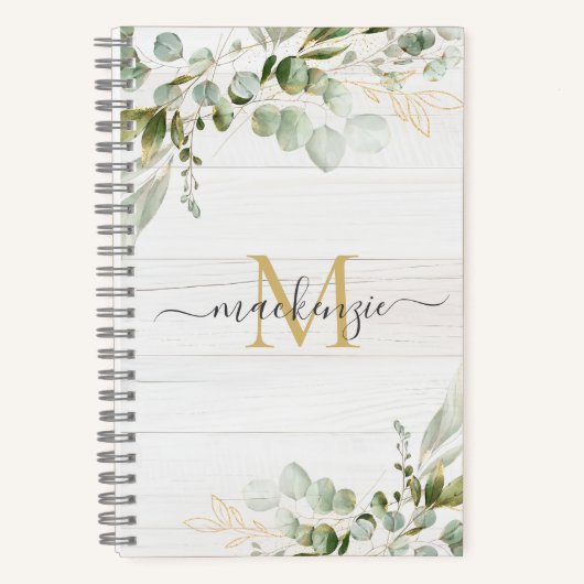 Rustic Watercolor Eucalyptus Monogram ノートブック (正面)