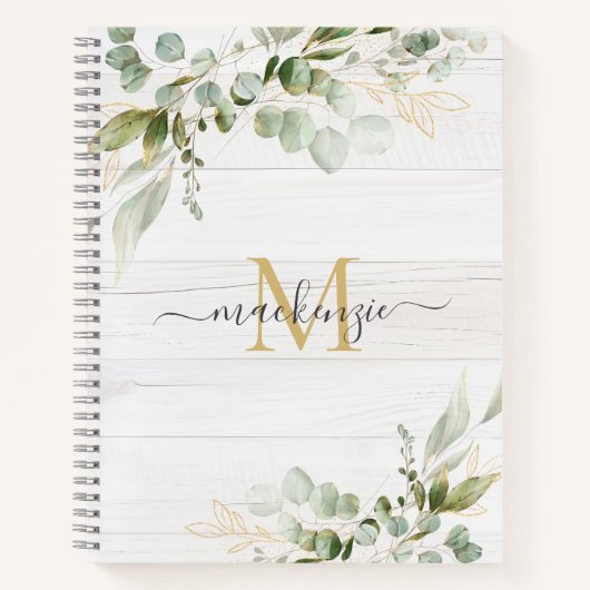 Rustic Watercolor Eucalyptus Monogram ノートブック (正面)