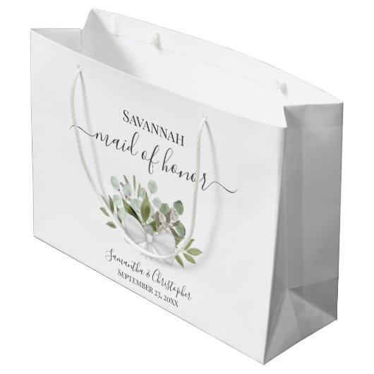 Rustic Watercolor Eucalyptus Wedding Maid of Honor ラージペーパーバッグ (裏面アングル)