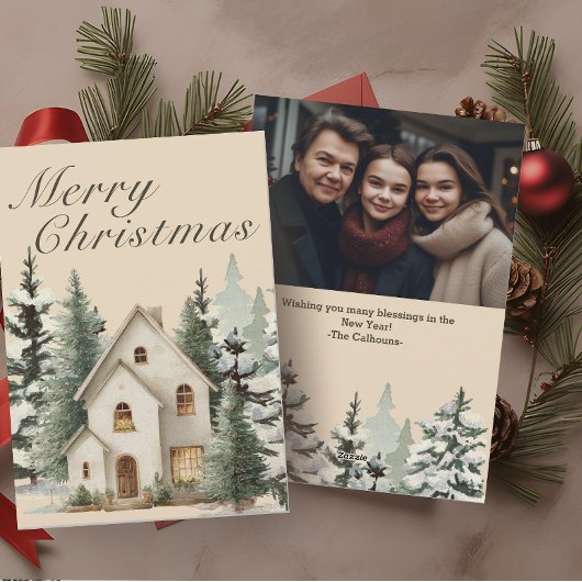 Rustic Watercolor Farmhouse Christmas Photo シーズンカード