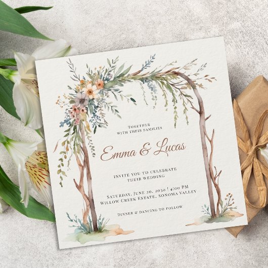 Rustic Watercolor Floral Arch Wedding Invitation 招待状