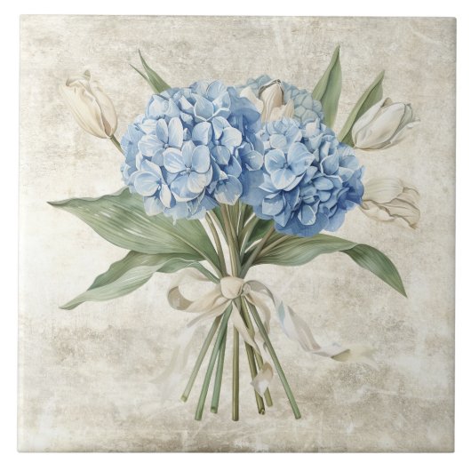 Rustic Watercolor Floral Blue Hydrangea  タイル (正面)