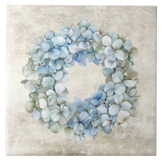 Rustic Watercolor Floral Blue Hydrangea Wreath タイル (正面)