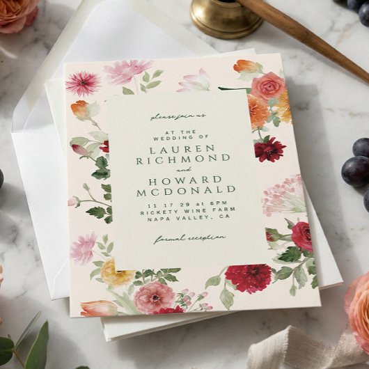 Rustic Watercolor Floral Sage Green Garden Wedding 招待状