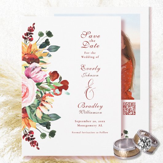 Rustic Watercolor Floral Save the Date Wedding  招待状