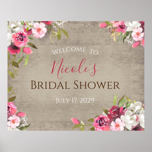 Rustic Watercolor Floral Welcome Sign ポスター (正面)