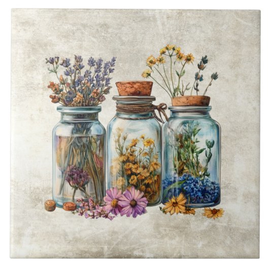 Rustic Watercolor Flowers in Jars  タイル (正面)