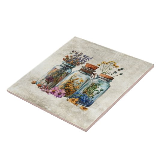 Rustic Watercolor Flowers in Jars  タイル (側面)