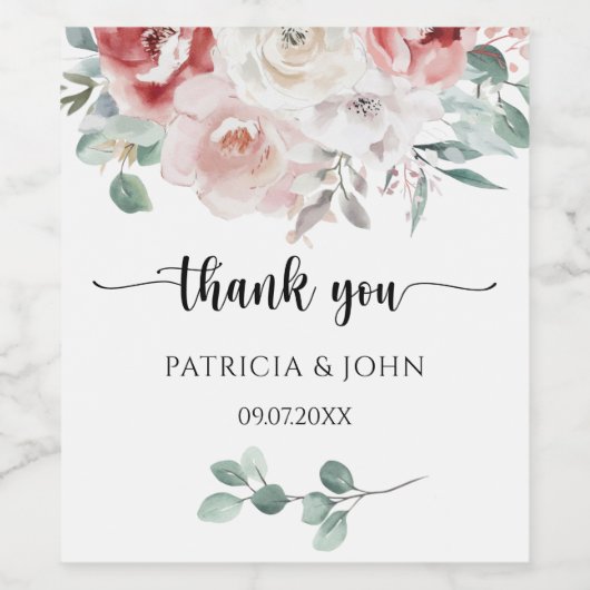 Rustic Watercolor Flowers Wedding Thank You ワインラベル (シングルラベル)