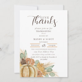 Rustic Watercolor Give Thanks Thanksgiving Dinner 招待状
