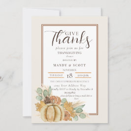 Rustic Watercolor Give Thanks Thanksgiving Dinner 招待状