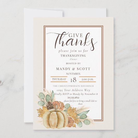 Rustic Watercolor Give Thanks Thanksgiving Dinner 招待状 (正面)