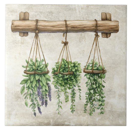 Rustic Watercolor Hanging Herbs with Twine Design タイル (正面)