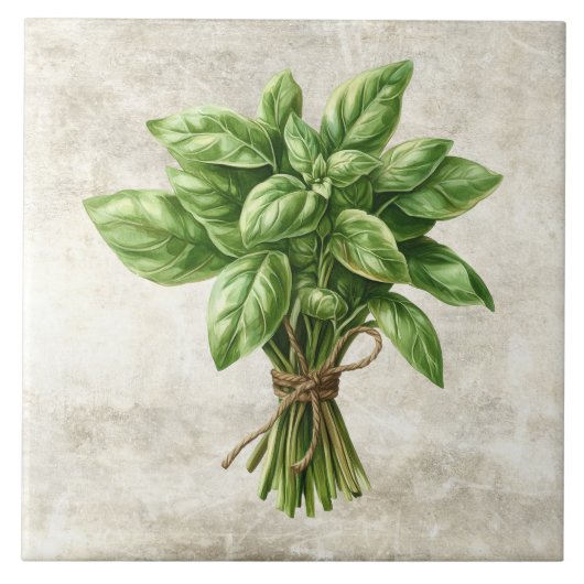 Rustic Watercolor Herbs Basil with Twine Design タイル (正面)