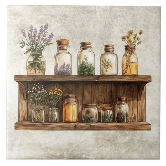 Rustic Watercolor Herbs in Jars Design タイル (正面)