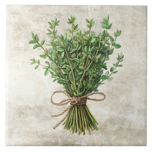 Rustic Watercolor Herbs with Twine Design タイル (正面)