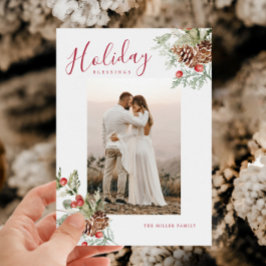 Rustic Watercolor Holiday Blessings Photo Card シーズンカード