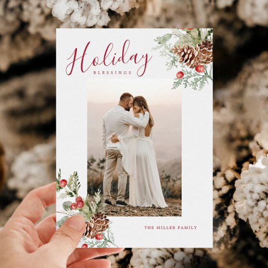 Rustic Watercolor Holiday Blessings Photo Card シーズンカード