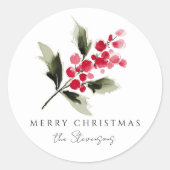 Rustic Watercolor Holly Berry Christmas ラウンドシール (正面)