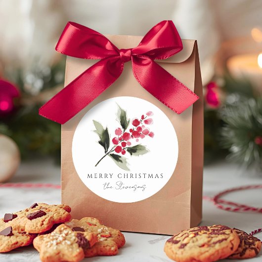 Rustic Watercolor Holly Berry Christmas ラウンドシール