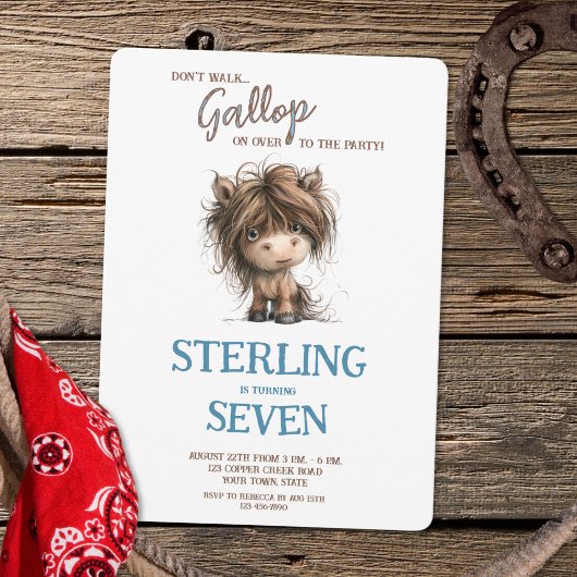 Rustic Watercolor Horse Blue Brown Boy Birthday 招待状