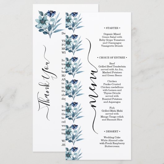 Rustic Watercolor Illustration Blue Floral Bouquet メニュー (正面/裏面)