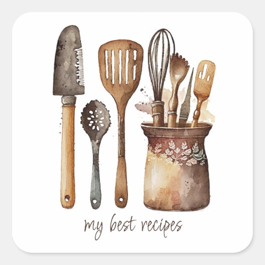 Rustic Watercolor Kitchen Utensils Food Label スクエアシール (正面)