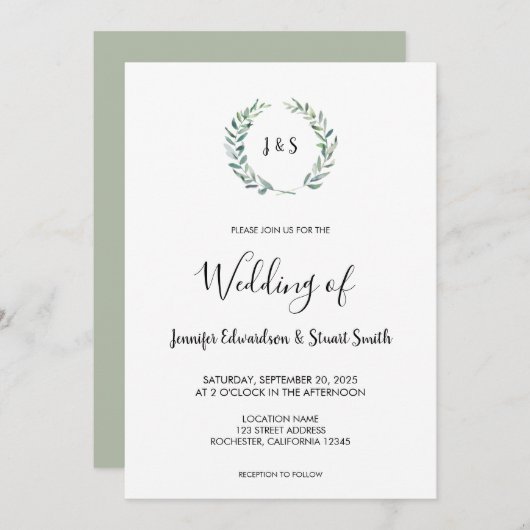 Rustic watercolor leaves monogram country Wedding 招待状 (正面/裏面)