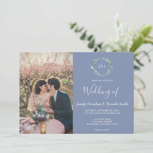 Rustic watercolor leaves monogram photo Wedding 招待状 (スタンド正面)