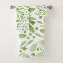  Rustic Watercolor Leaves Sage Green &White バスタオルセット