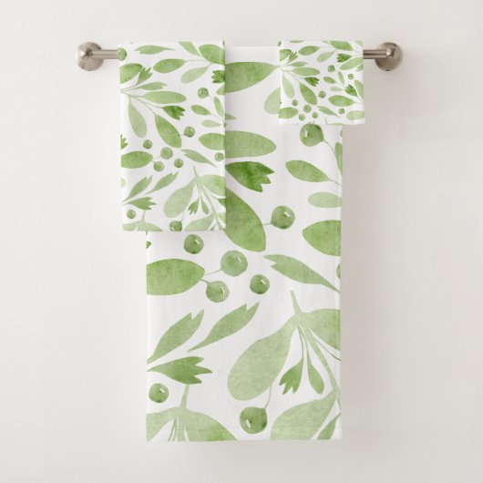  Rustic Watercolor Leaves Sage Green &White バスタオルセット (インサイチュ)