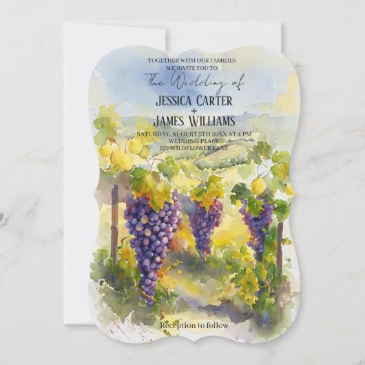 Rustic Watercolor Lemons Grapes Vineyard Wedding 招待状 (正面)