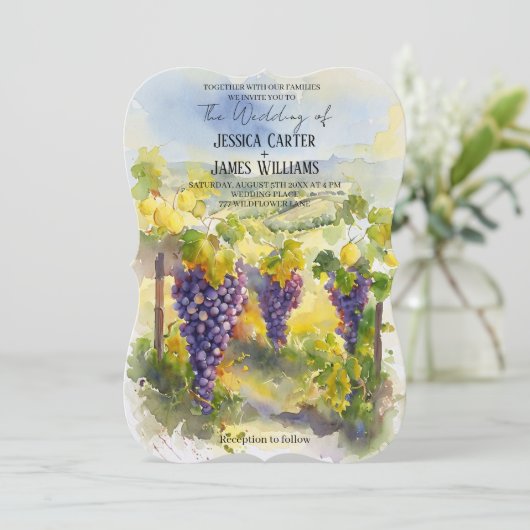 Rustic Watercolor Lemons Grapes Vineyard Wedding 招待状 (スタンド正面)