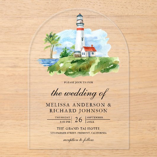 Rustic Watercolor Lighthouse Nautical Wedding アクリル招待状 (正面)