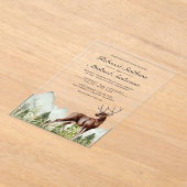 Rustic Watercolor Mountain Forest Deer Wedding アクリル招待状 (レイダウン)