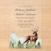 Rustic Watercolor Mountain Forest Deer Wedding アクリル招待状 (正面)