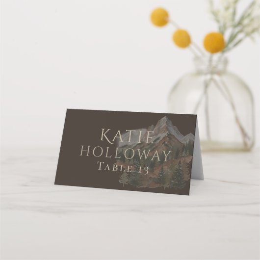 Rustic Watercolor Mountain Landscape Wedding プレイスカード (裏面)