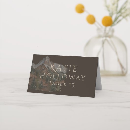 Rustic Watercolor Mountain Landscape Wedding プレイスカード (正面)