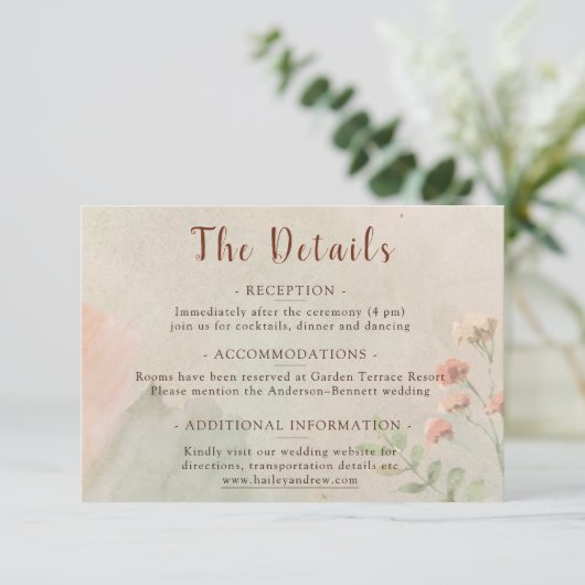 Rustic Watercolor Peach and Green Minimal Wedding エンクロージャーカード (スタンド正面)