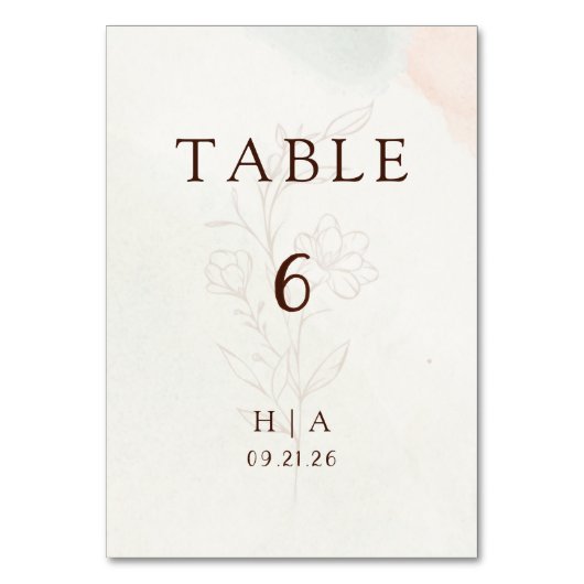 Rustic Watercolor Peach and Green Minimal Wedding テーブルナンバー (正面)