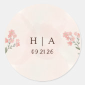 Rustic Watercolor Peach and Green Minimal Wedding ラウンドシール (正面)