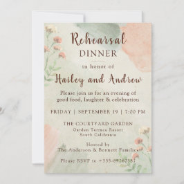Rustic Watercolor Peach & Green Rehearsal Dinner 招待状